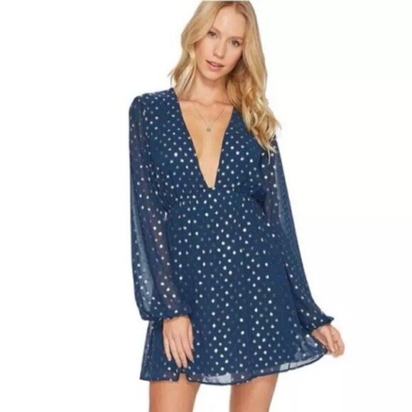 Show Me Your Mumu Dakota Blue & Gold Stardust Dot Mini Dress Size Extra Small - Picture 1 of 7